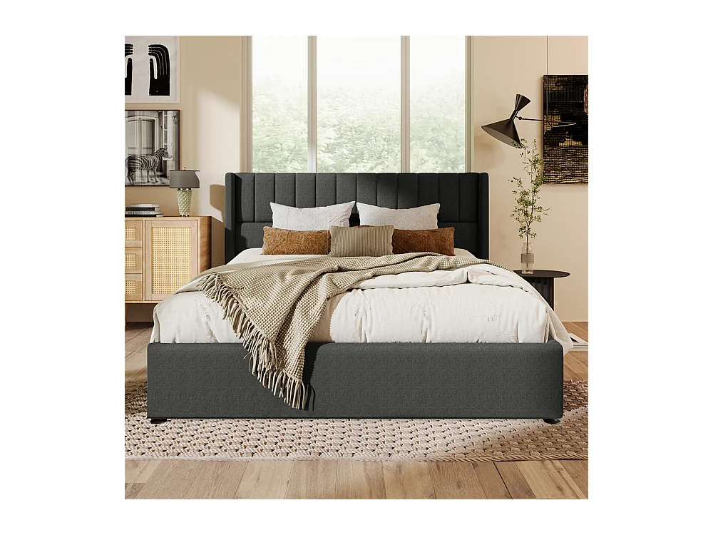 Hydraulisch gestoffeerd bed met opbergruimte 140x200 cm metalen bed houten lattenbodem tweepersoonsbed grijs linnen