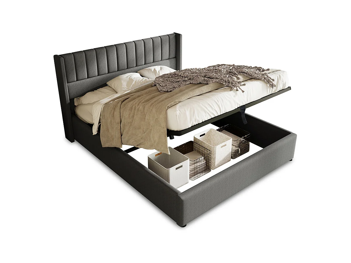 Hydraulisch gestoffeerd bed met opbergruimte 140x200 cm metalen bed houten lattenbodem tweepersoonsbed grijs linnen