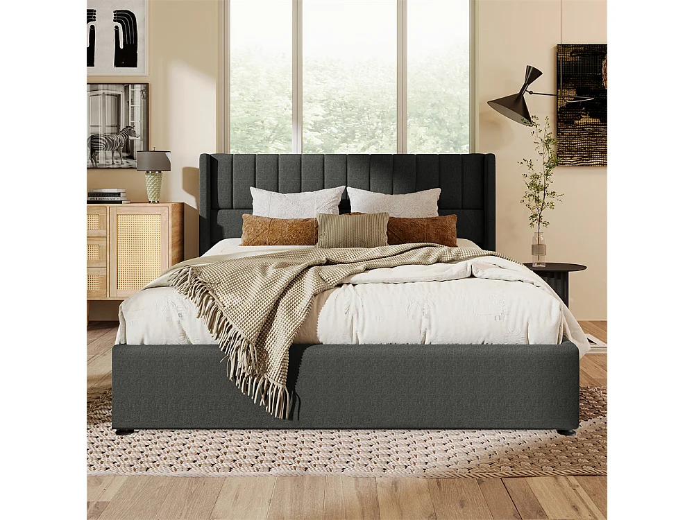 Hydraulisch gestoffeerd bed met opbergruimte 140x200 cm metalen bed houten lattenbodem tweepersoonsbed grijs linnen