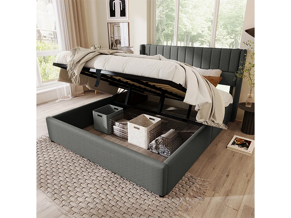 Hydraulisch gestoffeerd bed met opbergruimte 140x200 cm metalen bed houten lattenbodem tweepersoonsbed grijs linnen