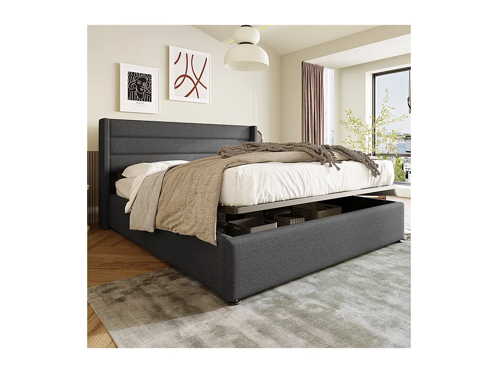 Lit rembourré hydraulique lit coffre lit 140x200 cm lit de rangement lit sommier à lattes en bois lit en métal lit double lin gris