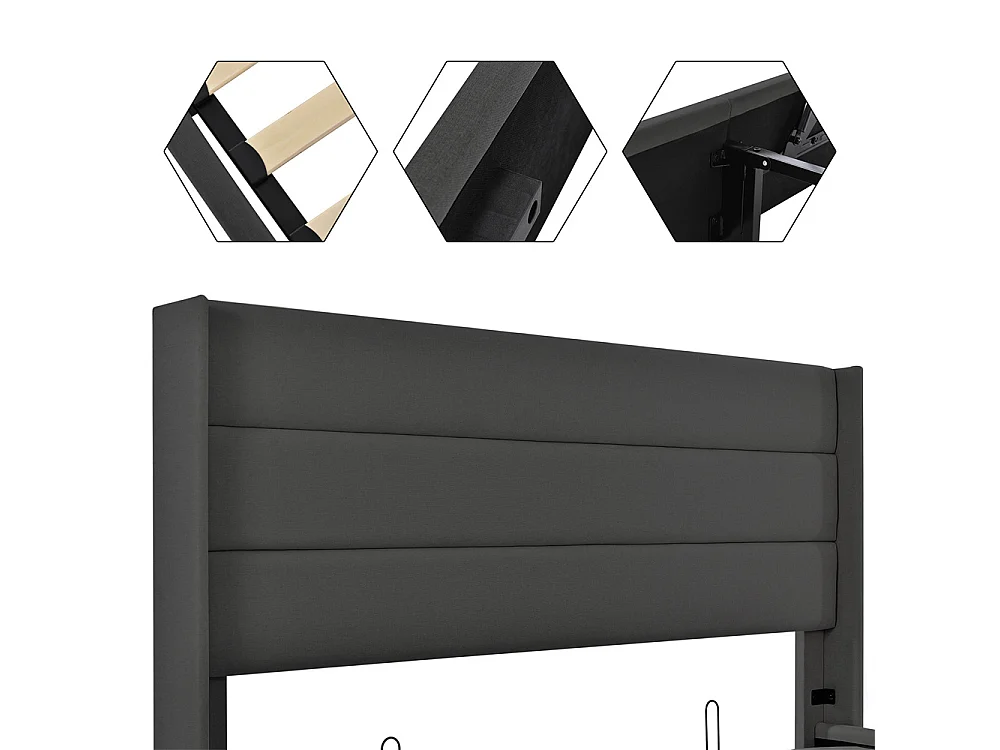 Lit rembourré hydraulique lit coffre lit 140x200 cm lit de rangement lit sommier à lattes en bois lit en métal lit double lin gris