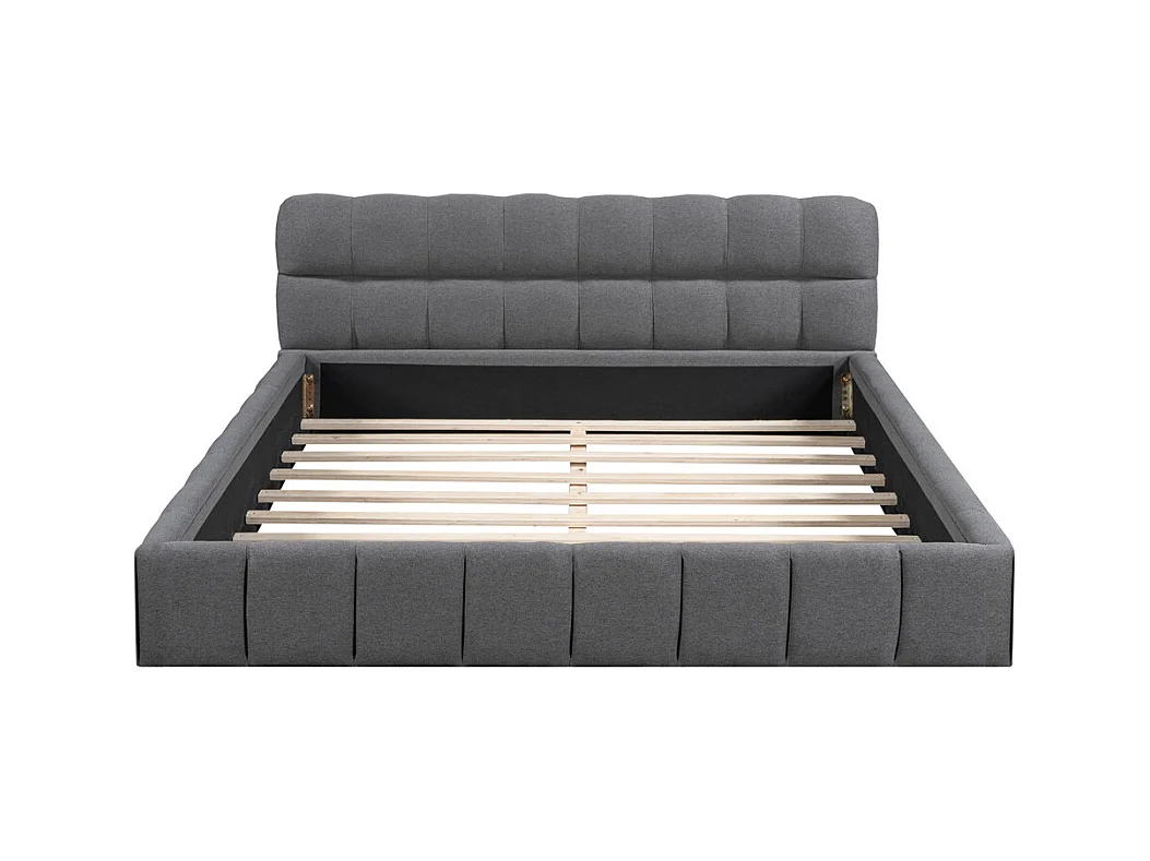 Gestoffeerd tweepersoonsbed 140x190cm, met zachte rugleuning, vlak bed met gestoffeerd frame en lattenbodem, linnen, grijs