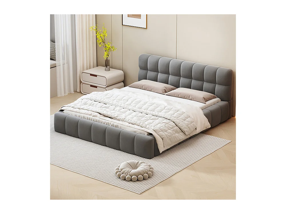 Gestoffeerd tweepersoonsbed 140x190cm, met zachte rugleuning, vlak bed met gestoffeerd frame en lattenbodem, linnen, grijs