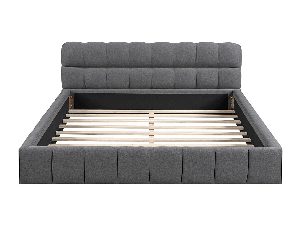 Gestoffeerd tweepersoonsbed 140x190cm, met zachte rugleuning, vlak bed met gestoffeerd frame en lattenbodem, linnen, grijs