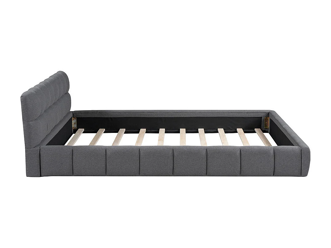 Gestoffeerd tweepersoonsbed 140x190cm, met zachte rugleuning, vlak bed met gestoffeerd frame en lattenbodem, linnen, grijs