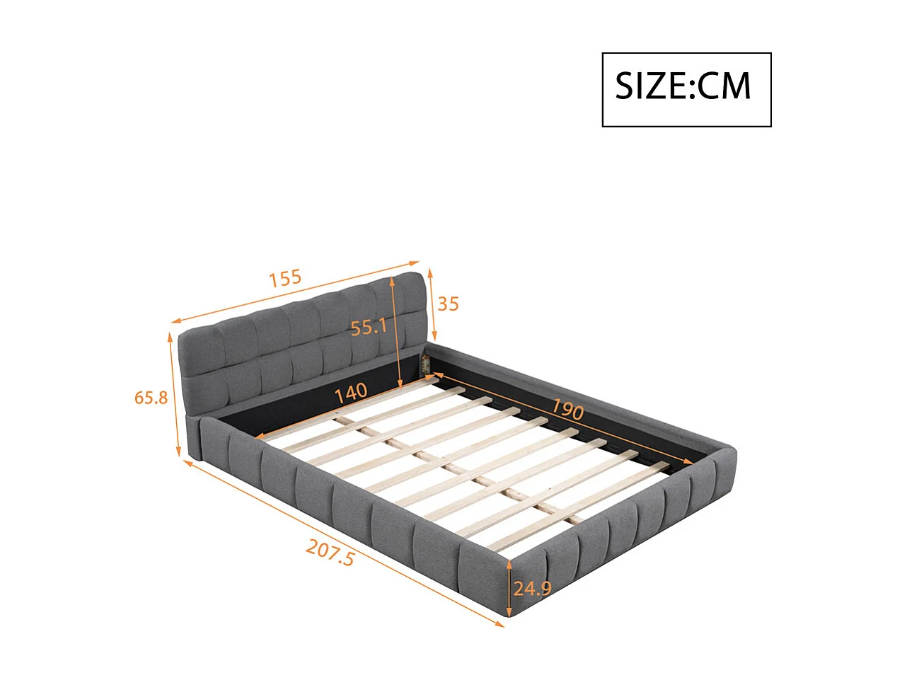 Gestoffeerd tweepersoonsbed 140x190cm, met zachte rugleuning, vlak bed met gestoffeerd frame en lattenbodem, linnen, grijs