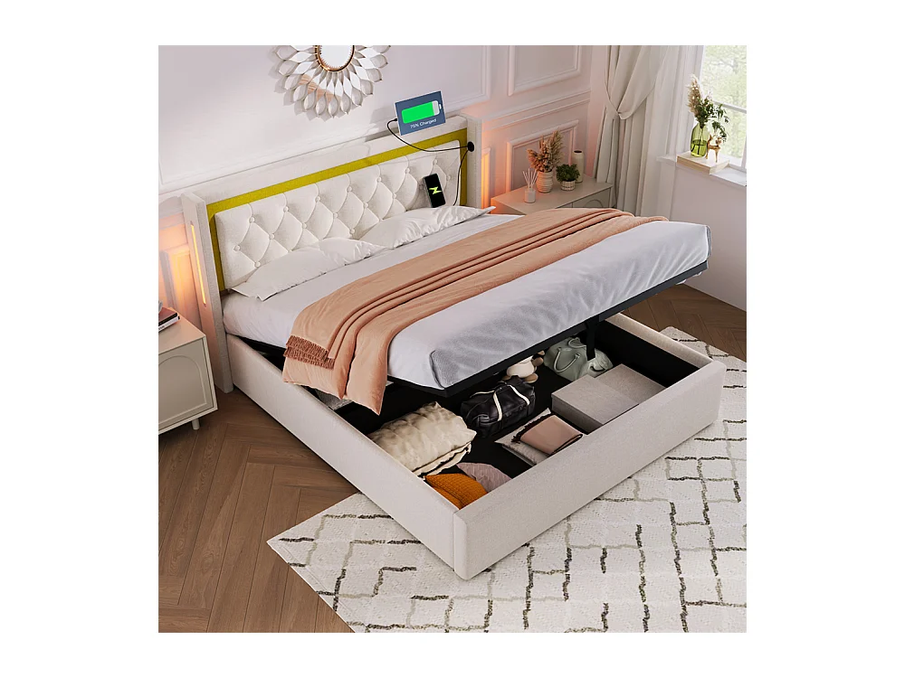 Volwassen bed 160x200 cm bed gestoffeerd bed opbergbed houten lattenbodem tweepersoonsbed beige katoen