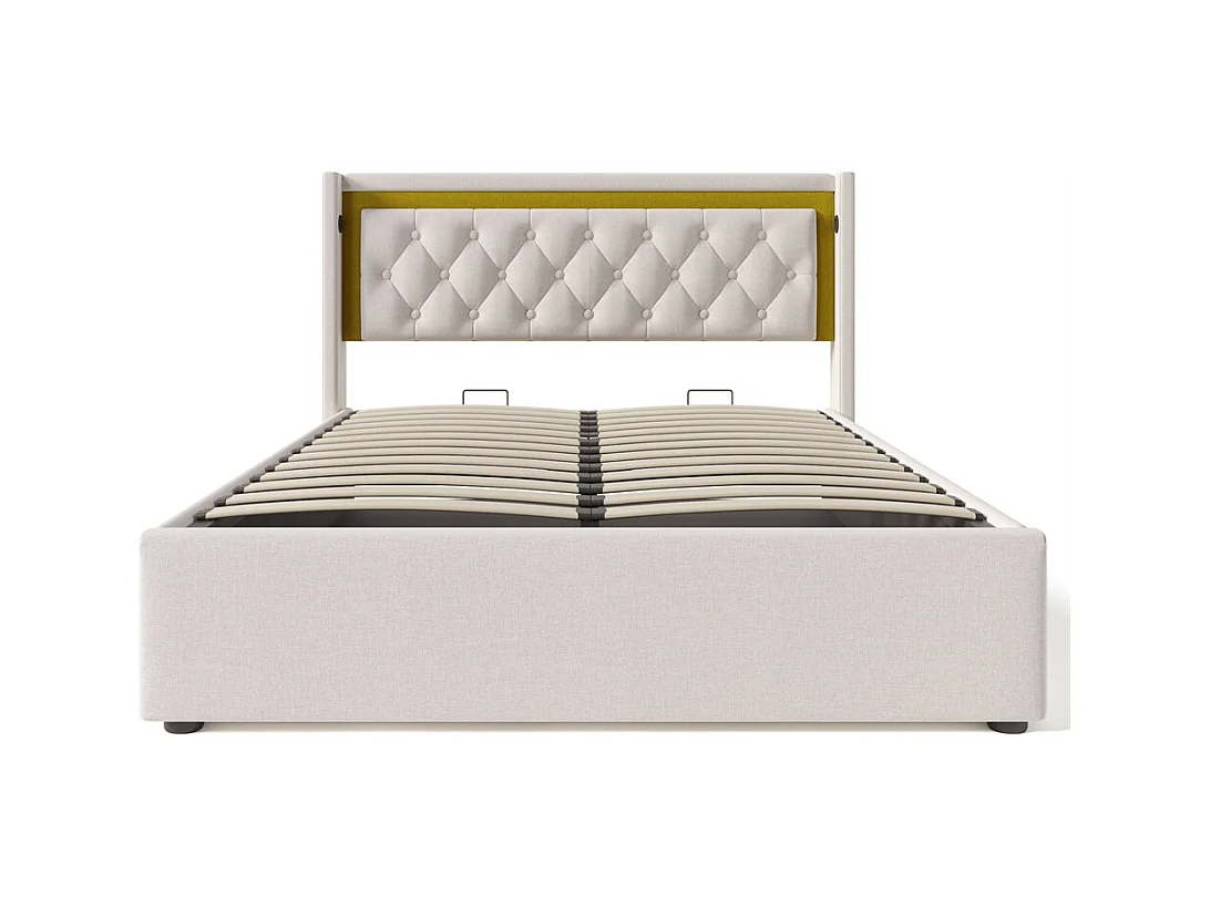 Volwassen bed 160x200 cm bed gestoffeerd bed opbergbed houten lattenbodem tweepersoonsbed beige katoen