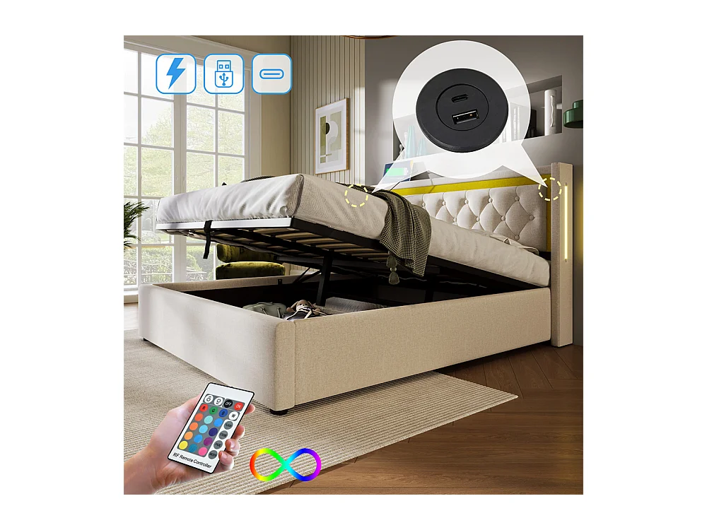 Volwassen bed 160x200 cm bed gestoffeerd bed opbergbed houten lattenbodem tweepersoonsbed beige katoen