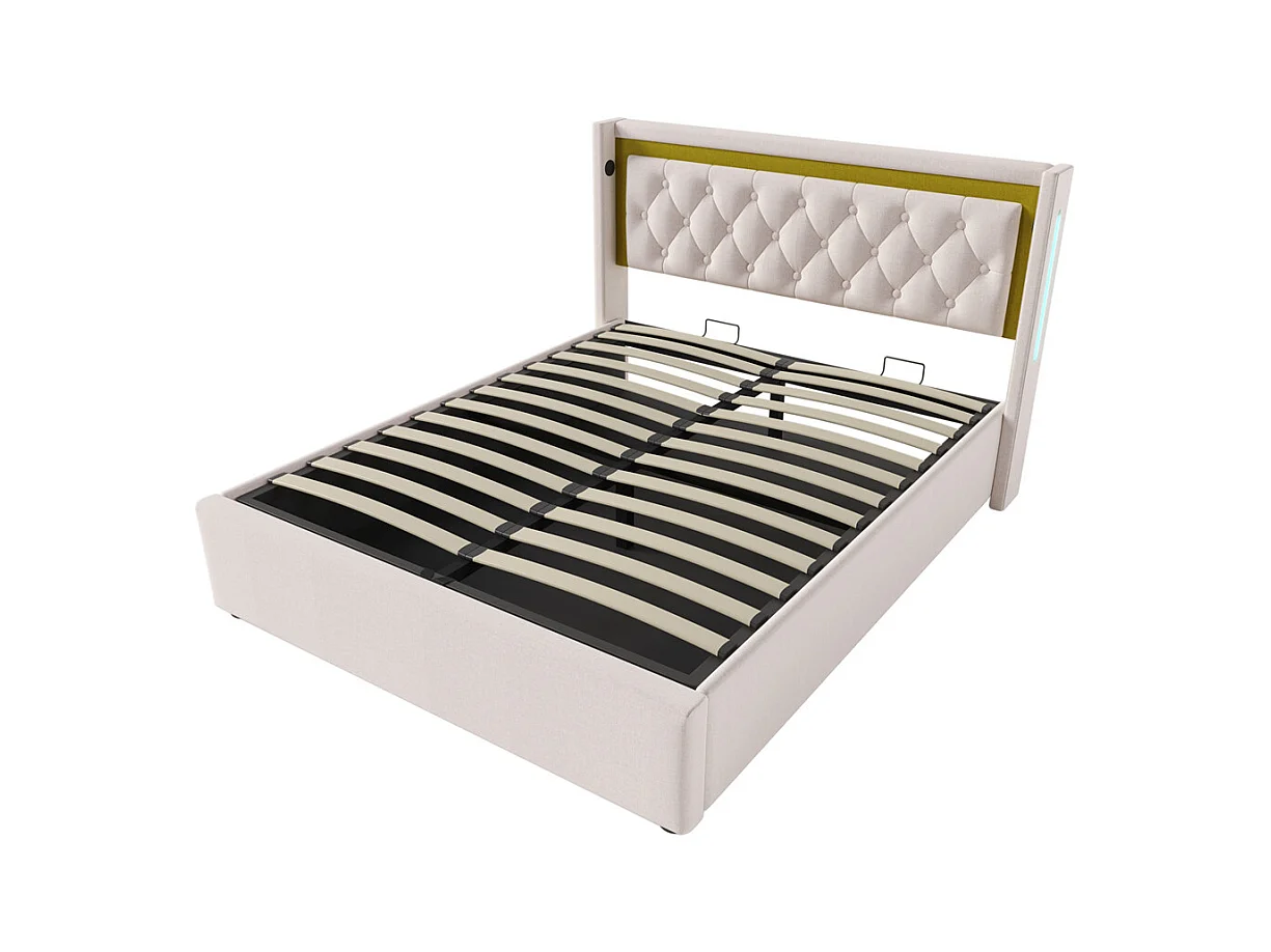 Volwassen bed 160x200 cm bed gestoffeerd bed opbergbed houten lattenbodem tweepersoonsbed beige katoen