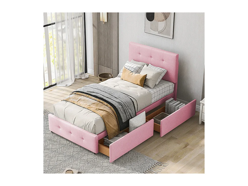 Volwassen bed 90x200 cm bed gestoffeerd bed 2 laden bed lattenbodem Eenpersoonsbed in roze fluwelen stof