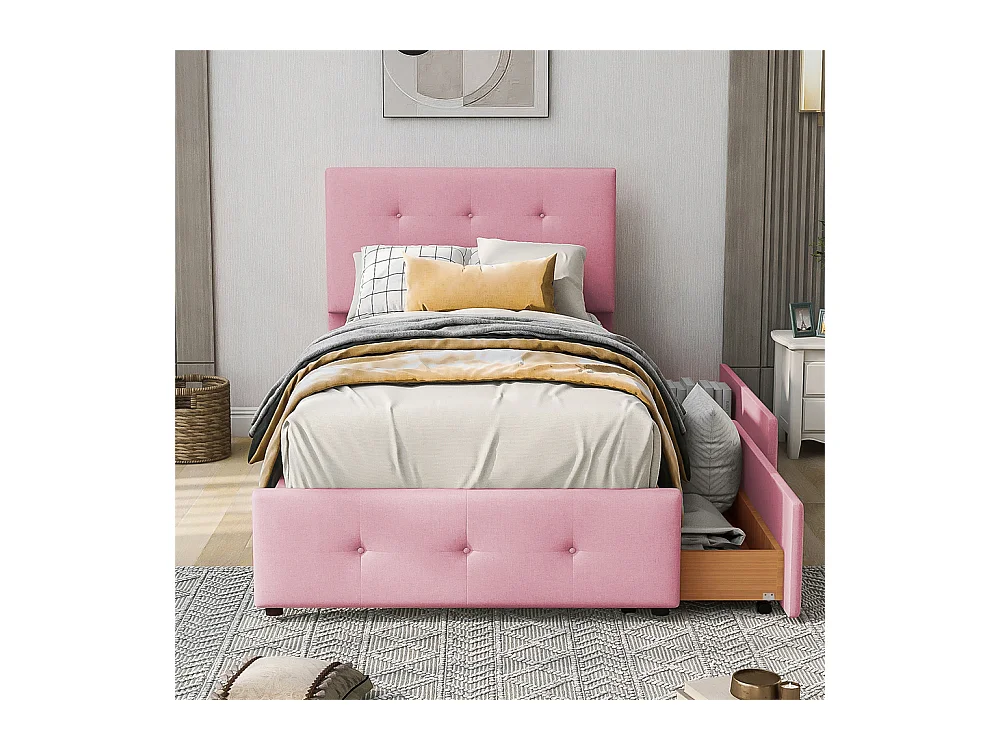 Volwassen bed 90x200 cm bed gestoffeerd bed 2 laden bed lattenbodem Eenpersoonsbed in roze fluwelen stof