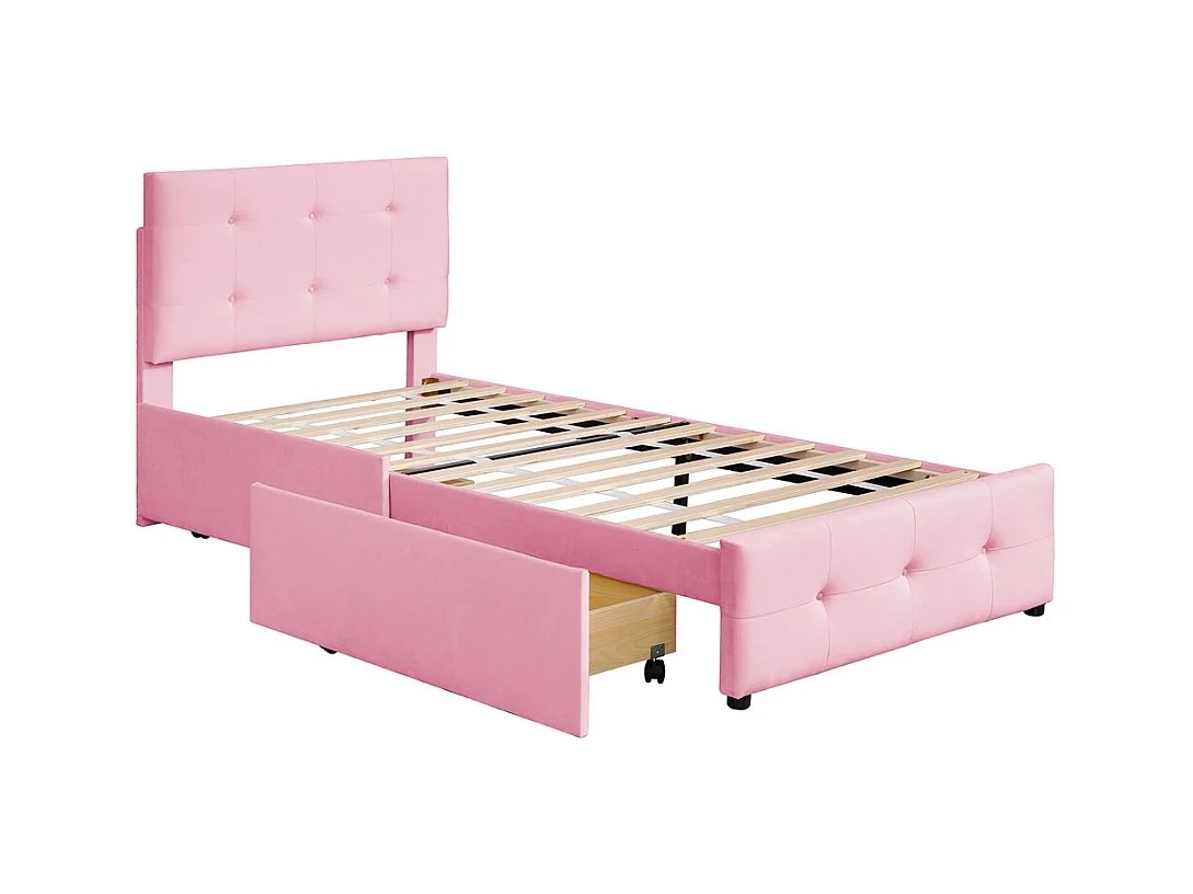 Volwassen bed 90x200 cm bed gestoffeerd bed 2 laden bed lattenbodem Eenpersoonsbed in roze fluwelen stof