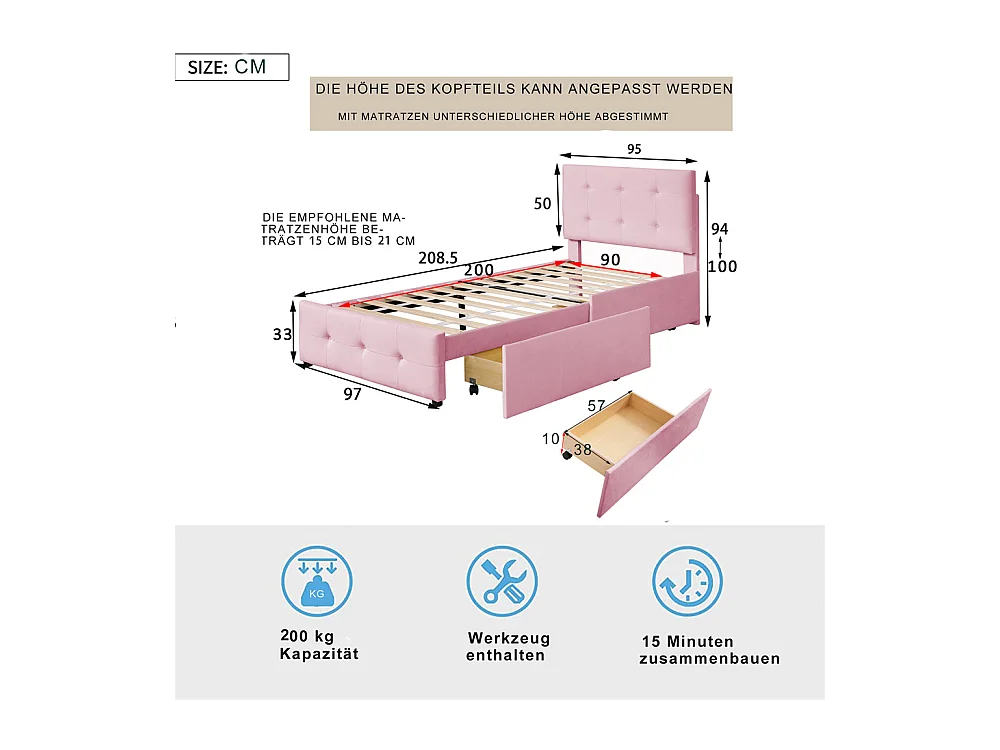 Volwassen bed 90x200 cm bed gestoffeerd bed 2 laden bed lattenbodem Eenpersoonsbed in roze fluwelen stof
