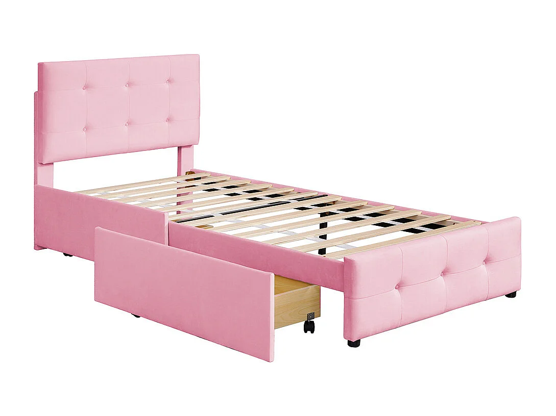 Volwassen bed 90x200 cm bed gestoffeerd bed 2 laden bed lattenbodem Eenpersoonsbed in roze fluwelen stof