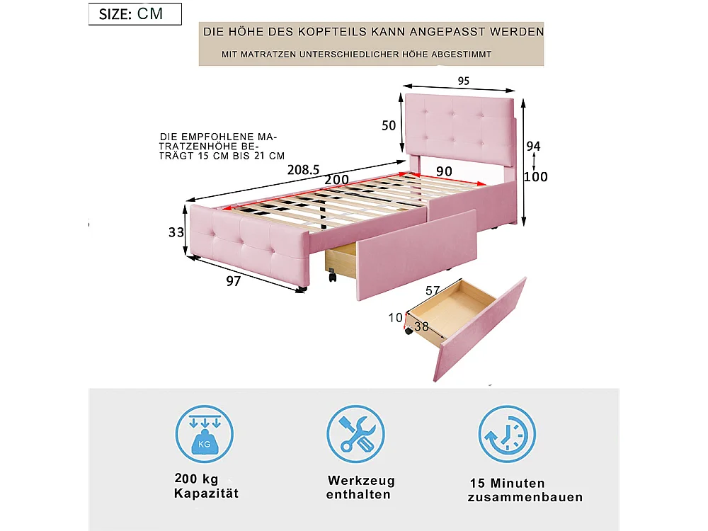 Volwassen bed 90x200 cm bed gestoffeerd bed 2 laden bed lattenbodem Eenpersoonsbed in roze fluwelen stof