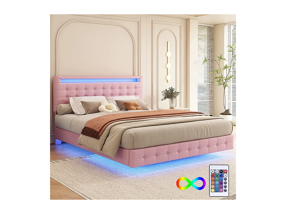 Volwassen bed 140x200 cm met LED sfeerverlichting tweepersoonsbed pu roze