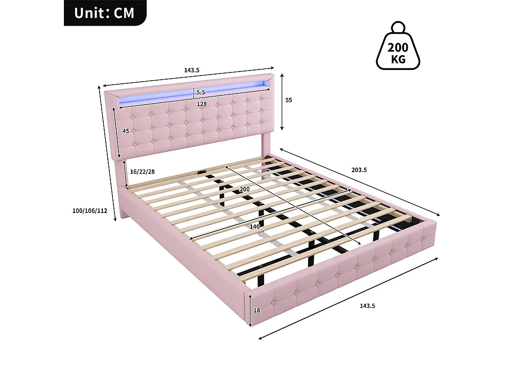 Volwassen bed 140x200 cm met LED sfeerverlichting tweepersoonsbed pu roze
