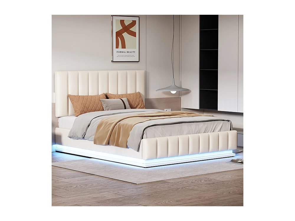 Volwassen bed 140x200 cm bed led gewatteerd hydraulisch tweepersoonsbed wit kunstleer