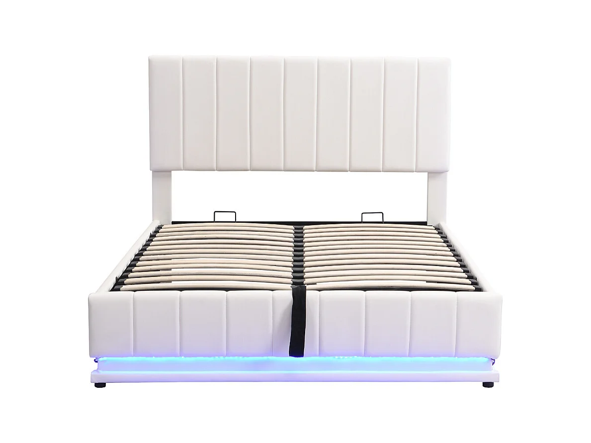 Volwassen bed 140x200 cm bed led gewatteerd hydraulisch tweepersoonsbed wit kunstleer