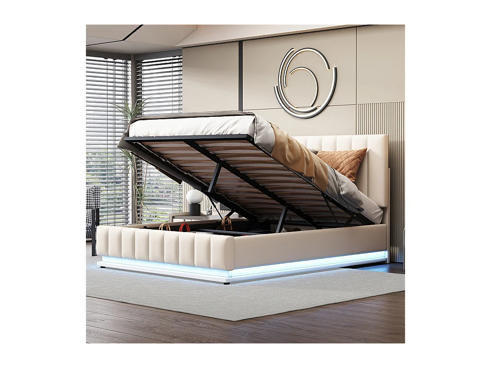 Volwassen bed 140x200 cm bed led gewatteerd hydraulisch tweepersoonsbed wit kunstleer