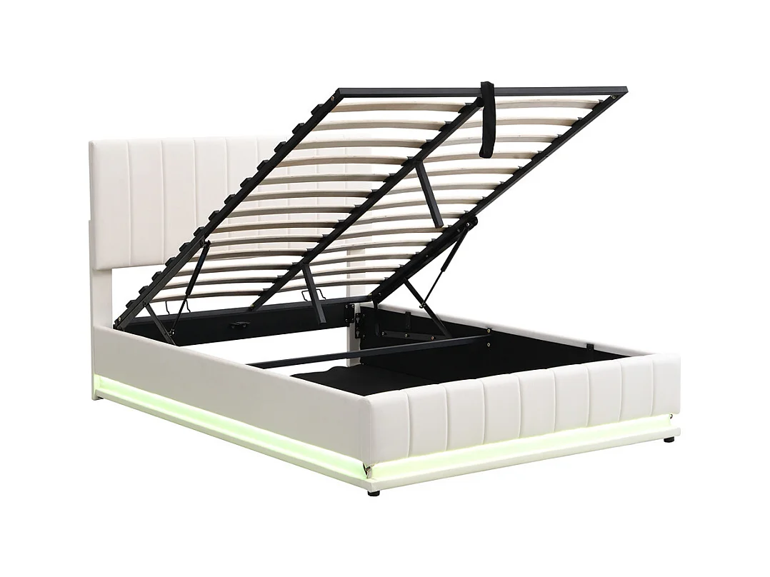 Volwassen bed 140x200 cm bed led gewatteerd hydraulisch tweepersoonsbed wit kunstleer
