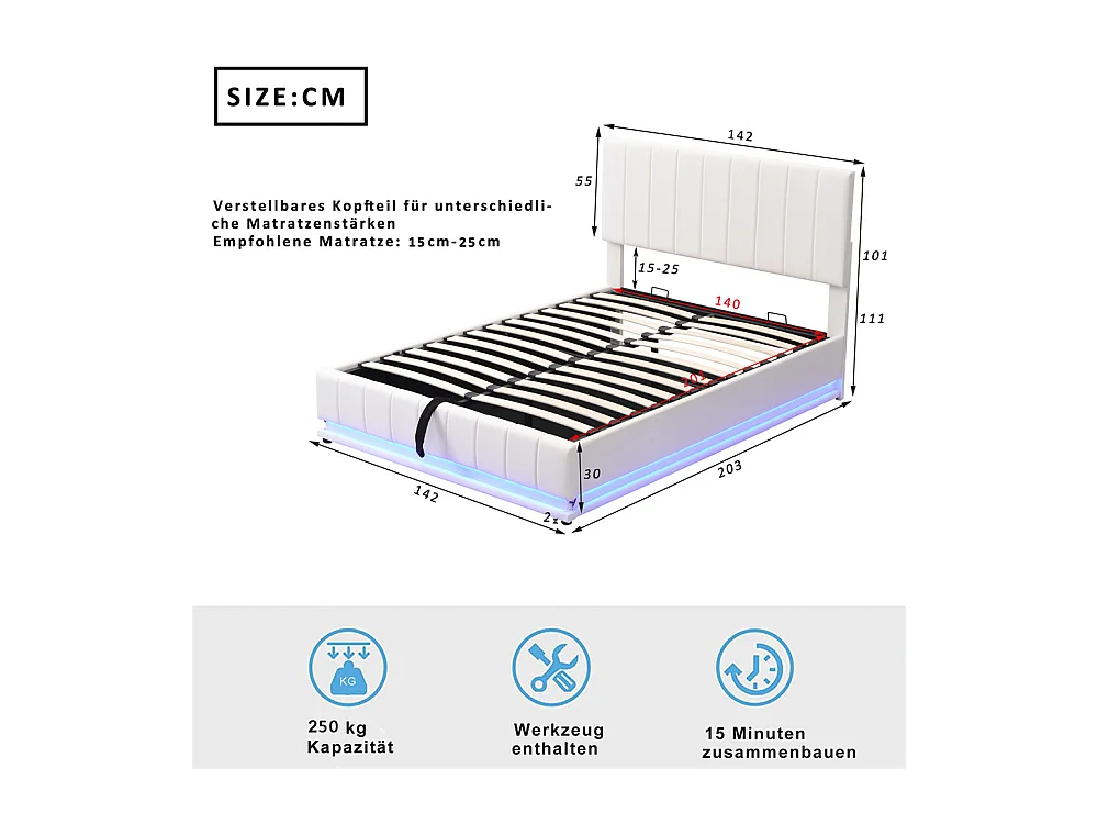 Volwassen bed 140x200 cm bed led gewatteerd hydraulisch tweepersoonsbed wit kunstleer