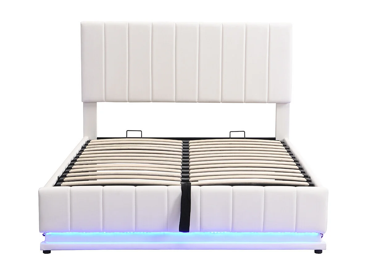 Volwassen bed 140x200 cm bed led gewatteerd hydraulisch tweepersoonsbed wit kunstleer