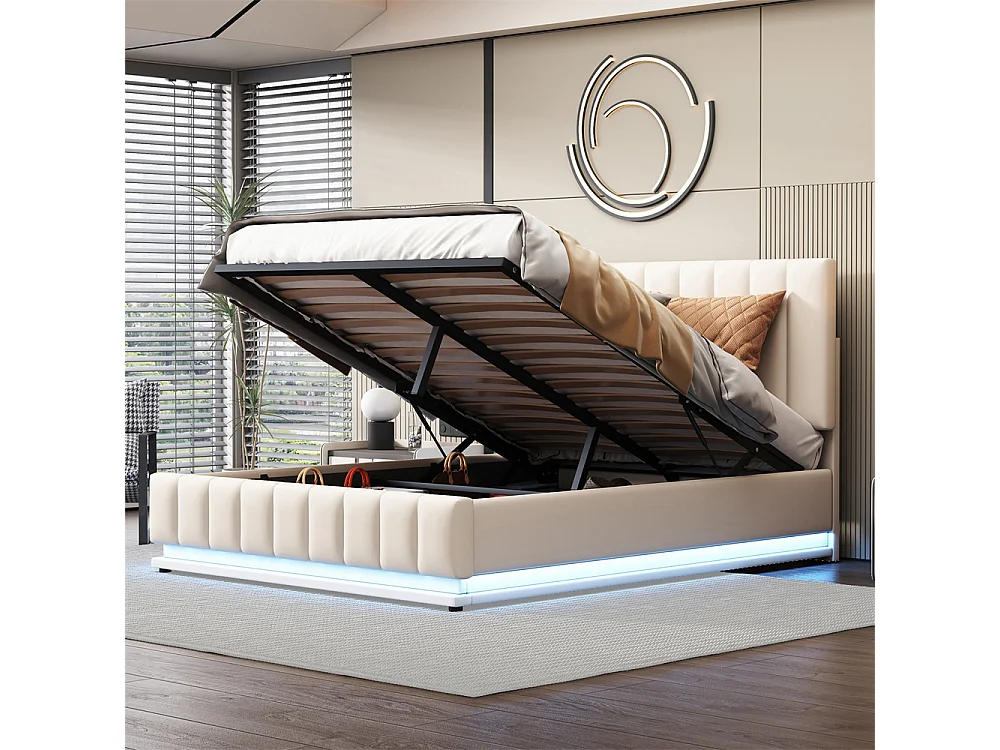 Volwassen bed 140x200 cm bed led gewatteerd hydraulisch tweepersoonsbed wit kunstleer