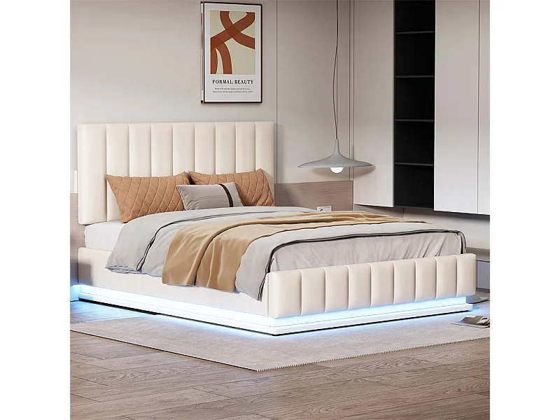 Volwassen bed 140x200 cm bed led gewatteerd hydraulisch tweepersoonsbed wit kunstleer