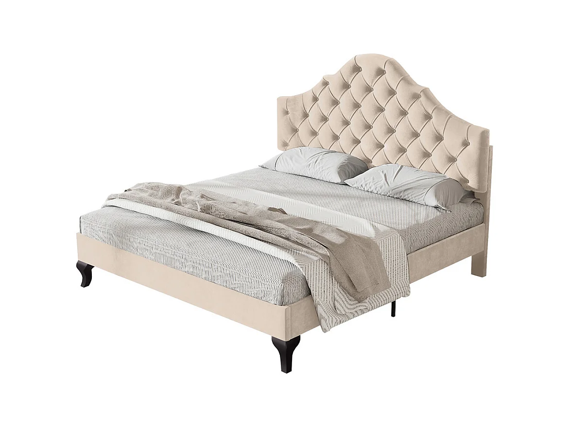 Lit rembourré 140x190cm, avec sommier à lattes et tête de lit, avec tête de lit réglable en hauteur, velours, beige