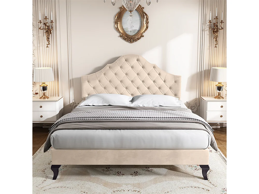 Lit rembourré 140x190cm, avec sommier à lattes et tête de lit, avec tête de lit réglable en hauteur, velours, beige