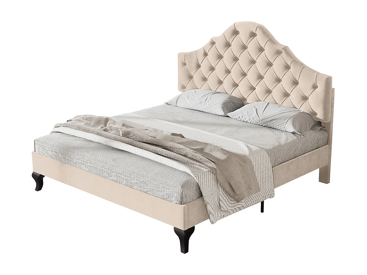 Lit rembourré 140x190cm, avec sommier à lattes et tête de lit, avec tête de lit réglable en hauteur, velours, beige