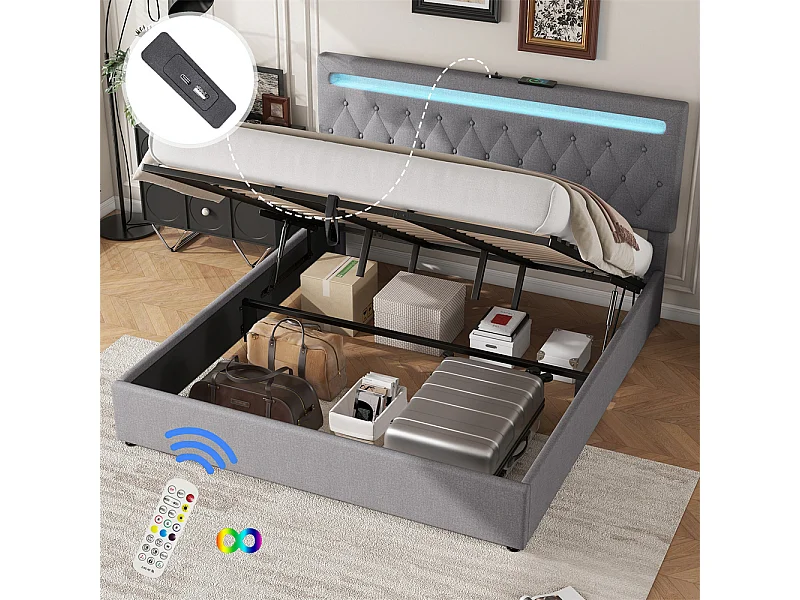 Volwassen bed 180x200 cm hydraulisch gestoffeerd bed met sfeerverlichting tweepersoonsbed grijs linnen