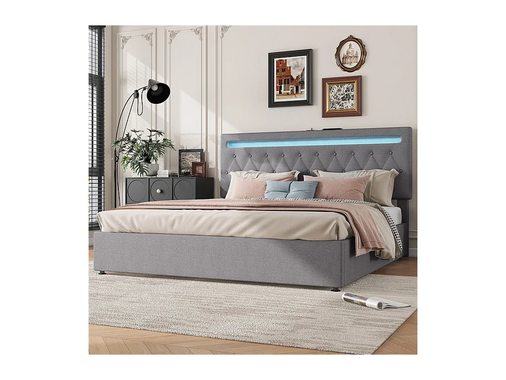 Volwassen bed 180x200 cm hydraulisch gestoffeerd bed met sfeerverlichting tweepersoonsbed grijs linnen