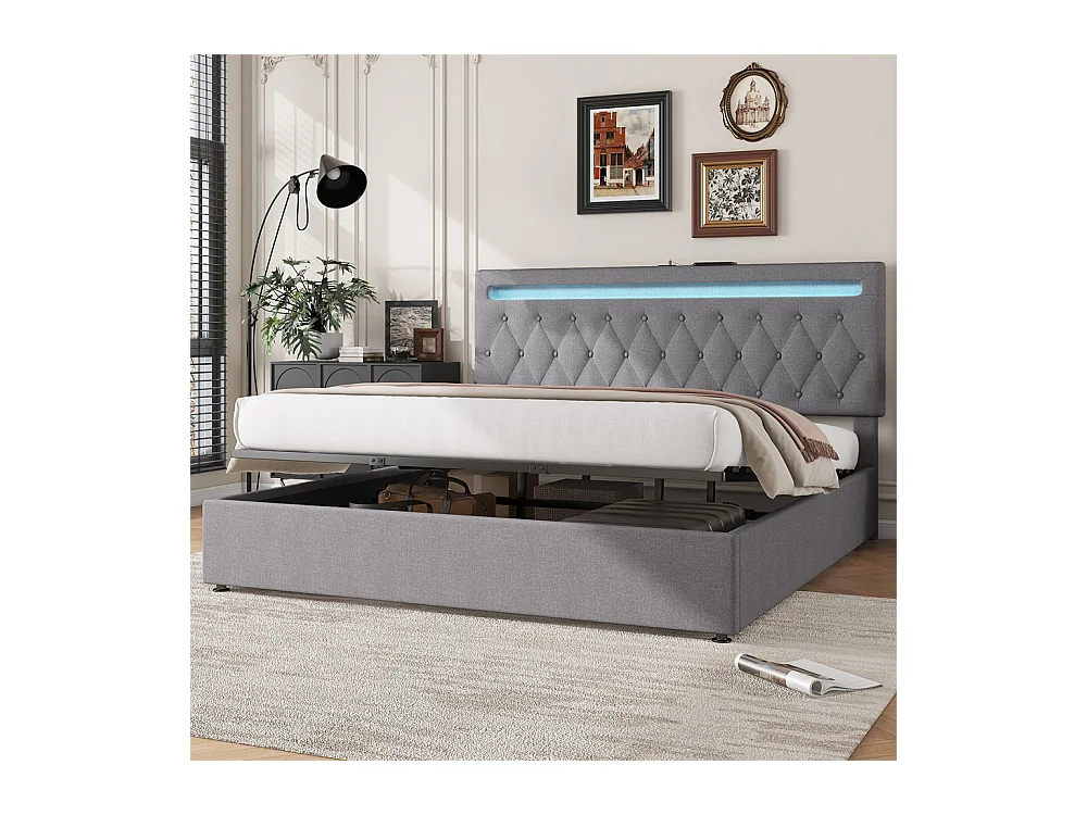 Volwassen bed 180x200 cm hydraulisch gestoffeerd bed met sfeerverlichting tweepersoonsbed grijs linnen