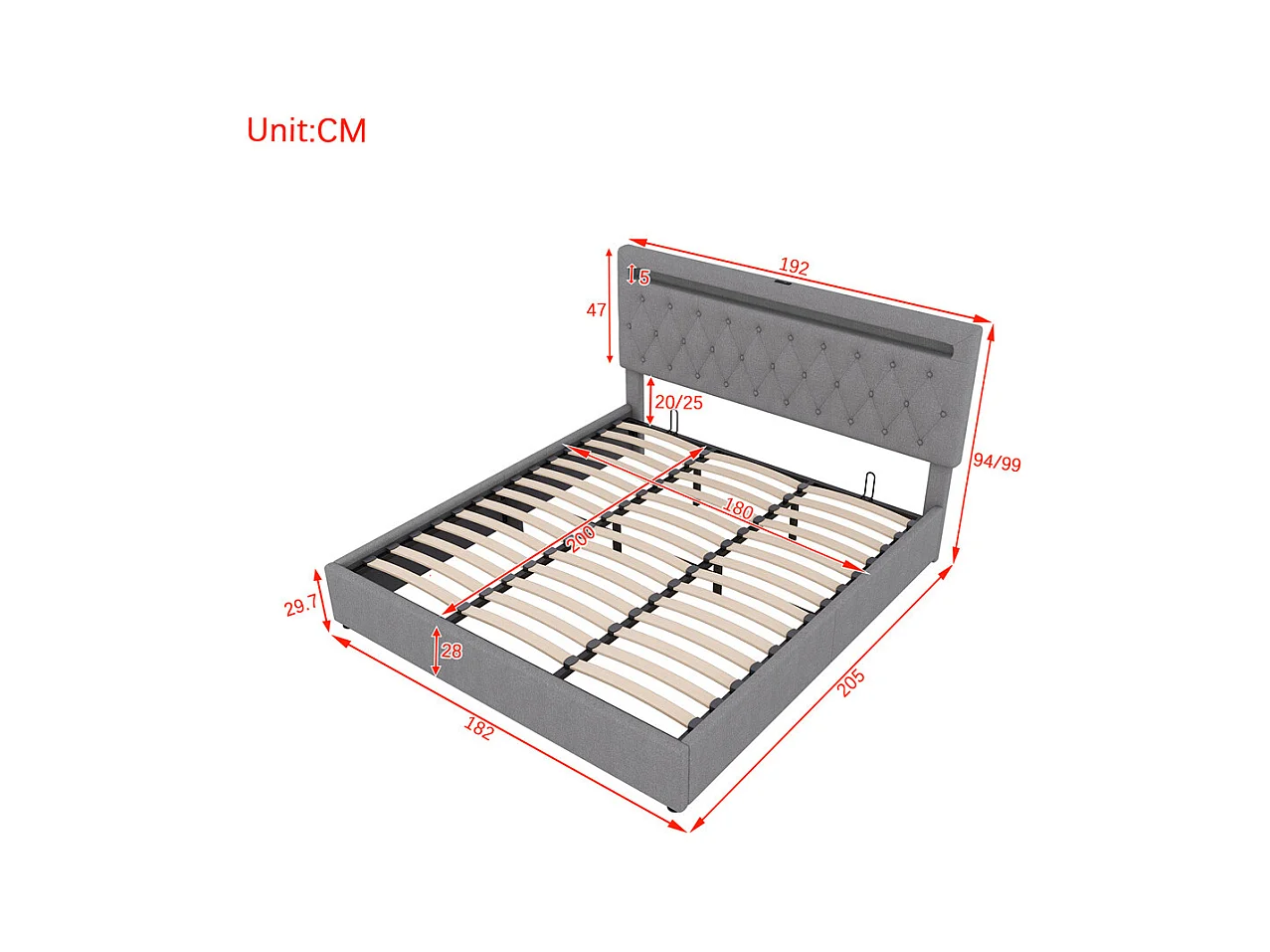 Volwassen bed 180x200 cm hydraulisch gestoffeerd bed met sfeerverlichting tweepersoonsbed grijs linnen