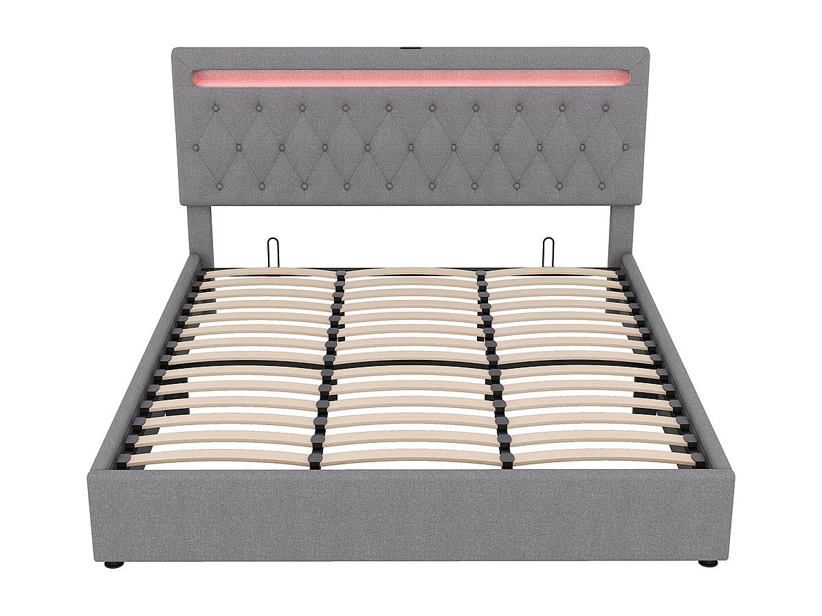 Volwassen bed 180x200 cm hydraulisch gestoffeerd bed met sfeerverlichting tweepersoonsbed grijs linnen