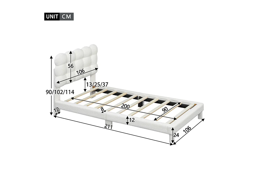 Lit adulte lit 90x200 cm lit plat lit rembourré Single blanc