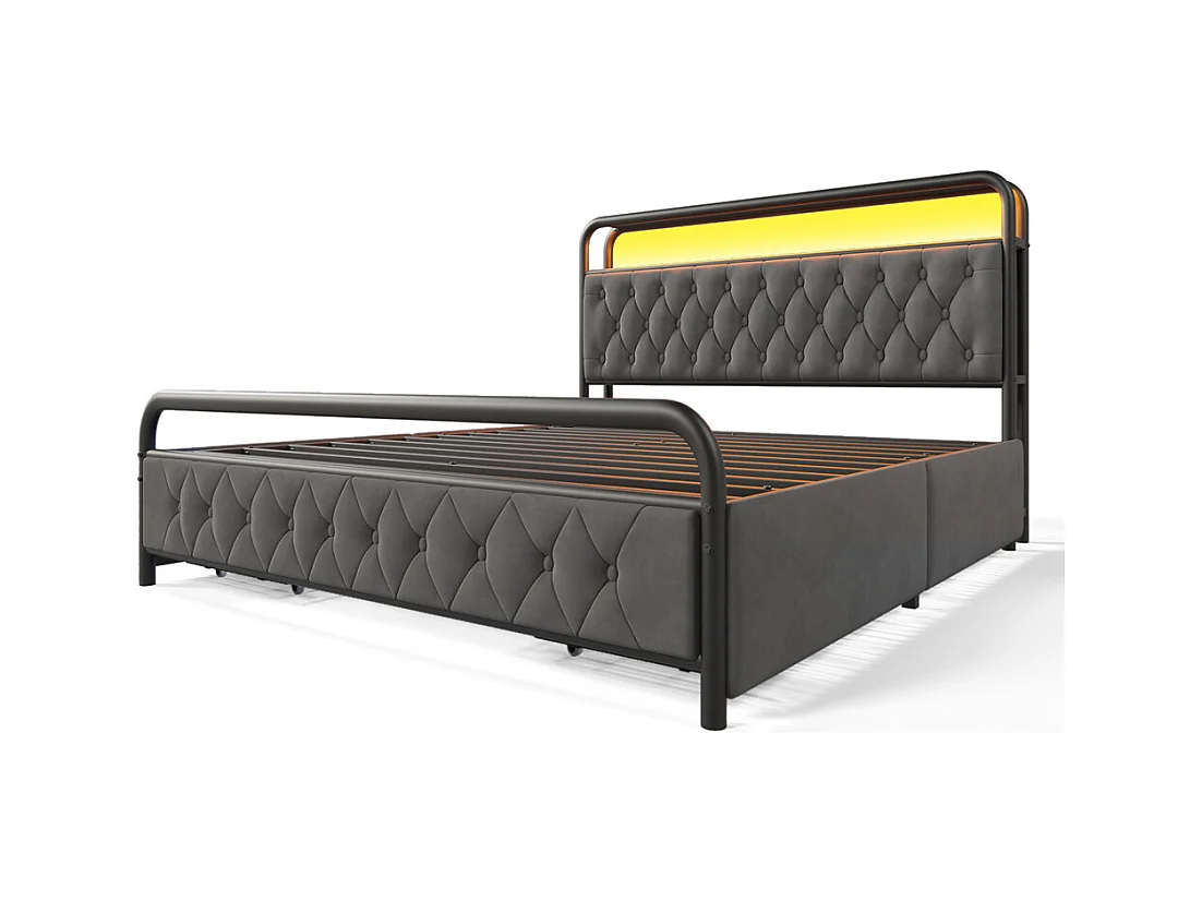 Gestoffeerd tweepersoonsbed 140x200cm, metalen bed met usb type c oplaadfunctie en 4 lades, fluweel, grijs, zonder matras