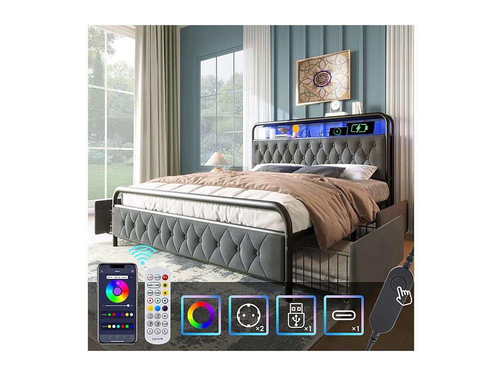 Gestoffeerd tweepersoonsbed 140x200cm, metalen bed met usb type c oplaadfunctie en 4 lades, fluweel, grijs, zonder matras