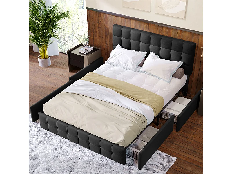 Volwassen bed 140x200 cm gestoffeerd bed met 4 lades lattenbodem bed opbergbed Eenpersoons zwart linnen