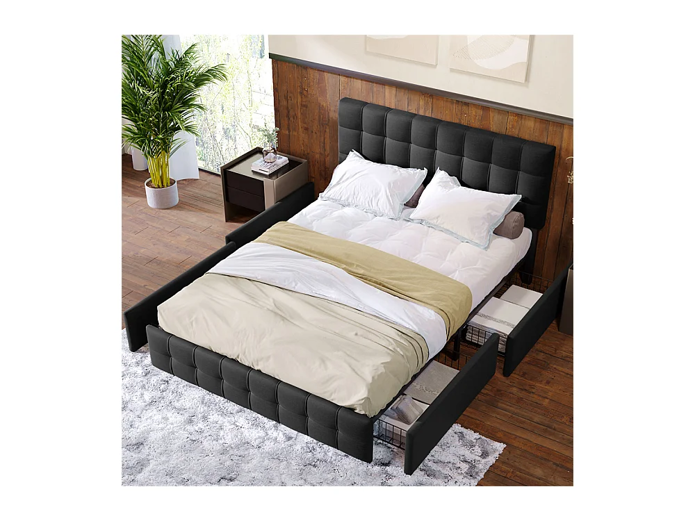 Volwassen bed 140x200 cm gestoffeerd bed met 4 lades lattenbodem bed opbergbed Eenpersoons zwart linnen