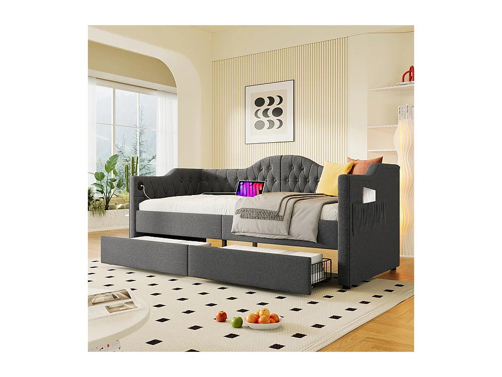 Volwassen bed 90x200 cm gestoffeerd bed met 2 lades Eenpersoonsbed grijs linnen