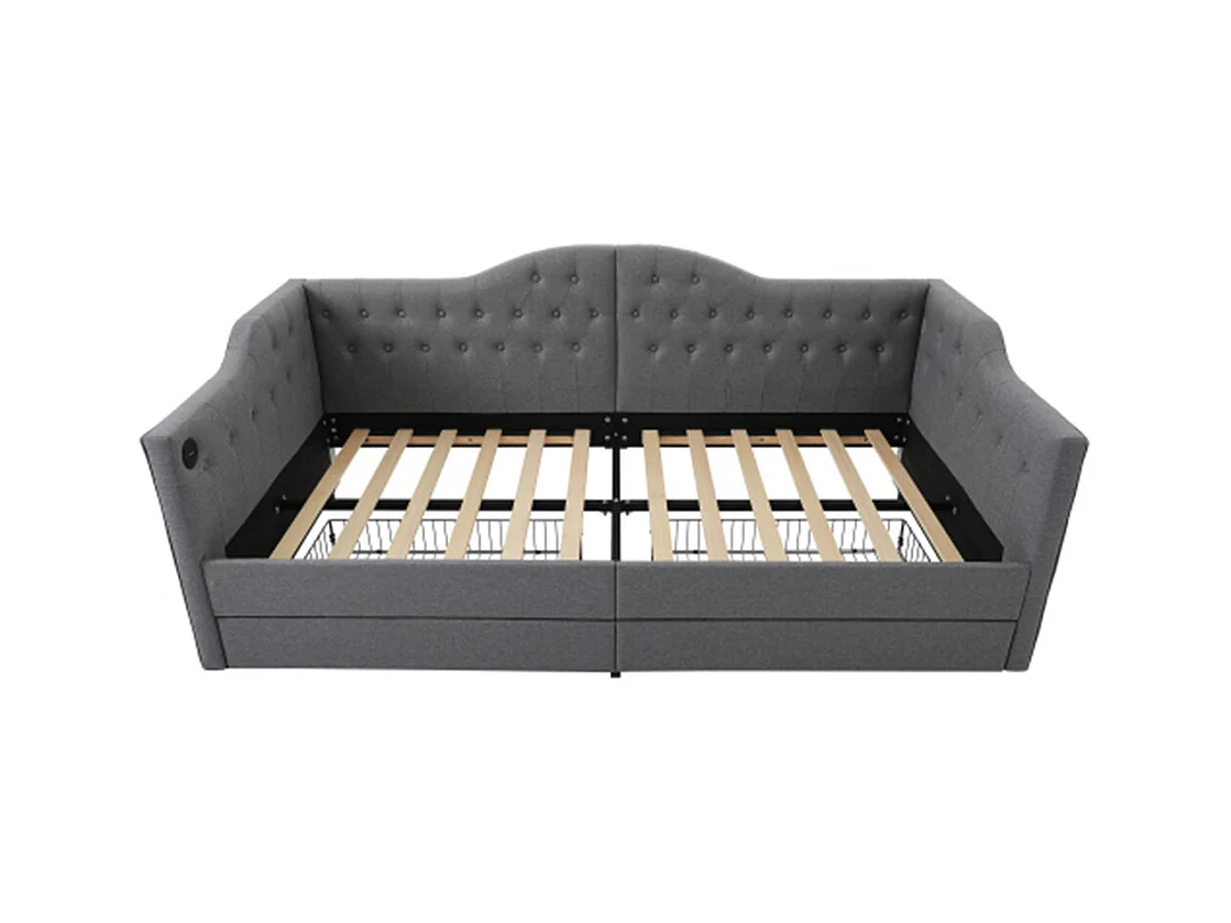 Volwassen bed 90x200 cm gestoffeerd bed met 2 lades Eenpersoonsbed grijs linnen