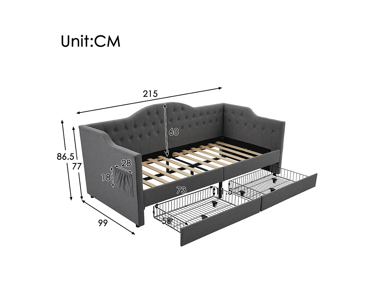 Volwassen bed 90x200 cm gestoffeerd bed met 2 lades Eenpersoonsbed grijs linnen