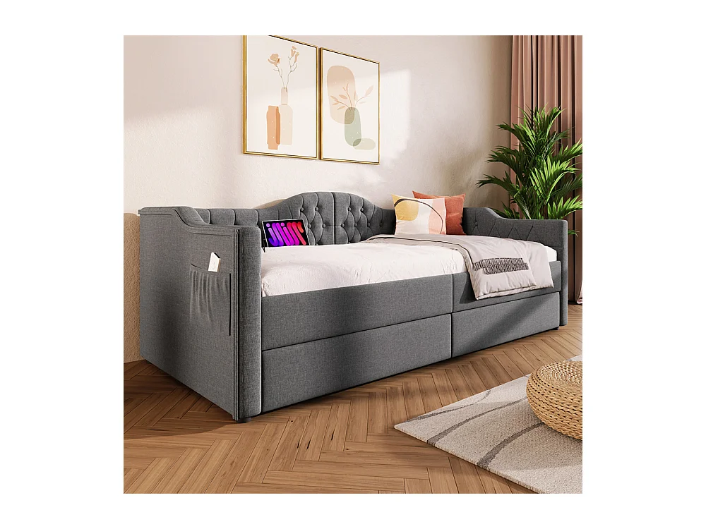 Volwassen bed 90x200 cm gestoffeerd bed met 2 lades Eenpersoonsbed grijs linnen
