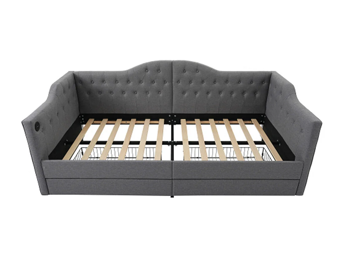 Volwassen bed 90x200 cm gestoffeerd bed met 2 lades Eenpersoonsbed grijs linnen