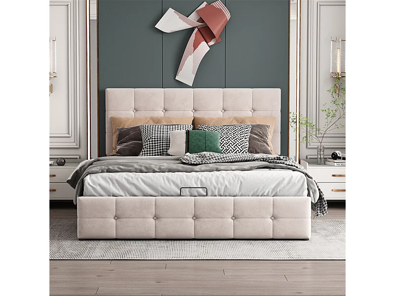 Lit adulte lit 140x200 cm lit rembourré hydraulique lit de rangement lit double velours blanc crème